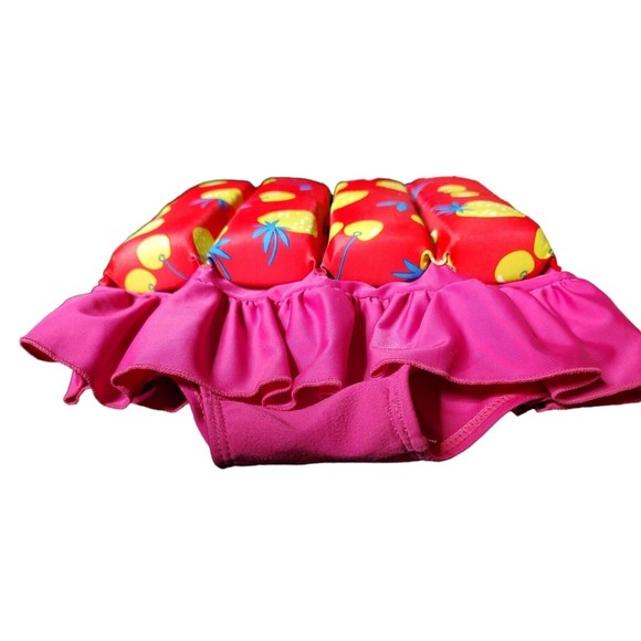 Little Girls Pink  Green Flotation Swim Suit  Size M  Strawberry Cherry Ruffles - Picture 4 of 5